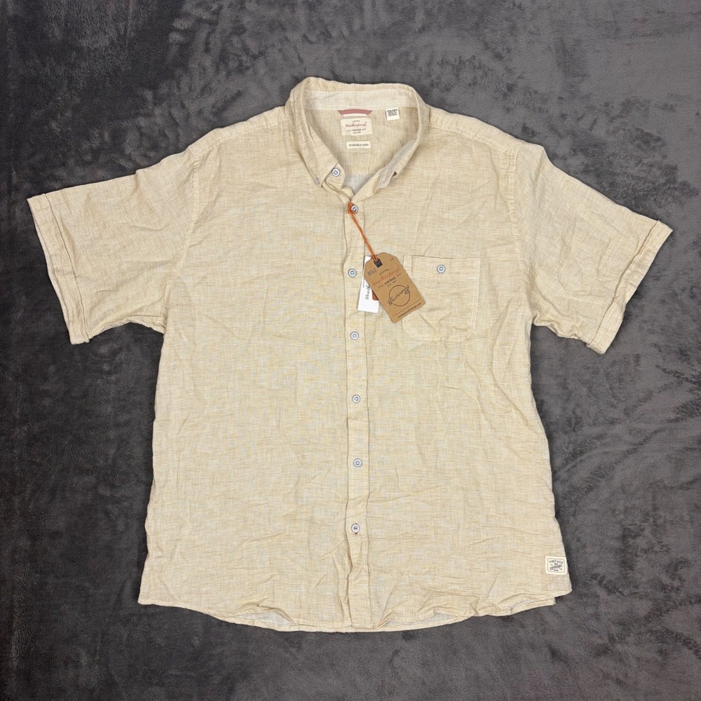 Weatherproof Vintage Shirt Mens XXL Tan Washable Linen Short Sleeve Button Down